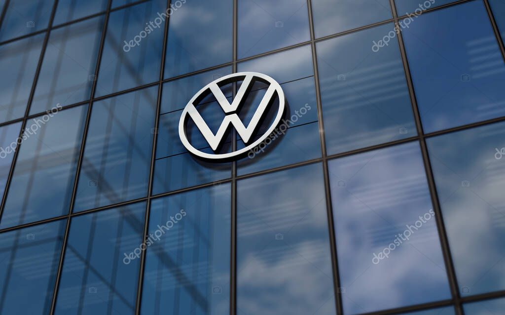 Wolfsburg, Germany, April 2, 2024: Volkswagen car producer headquarters glass building concept. Automobile manufacturer company symbol logo on front facade 3d illustration.