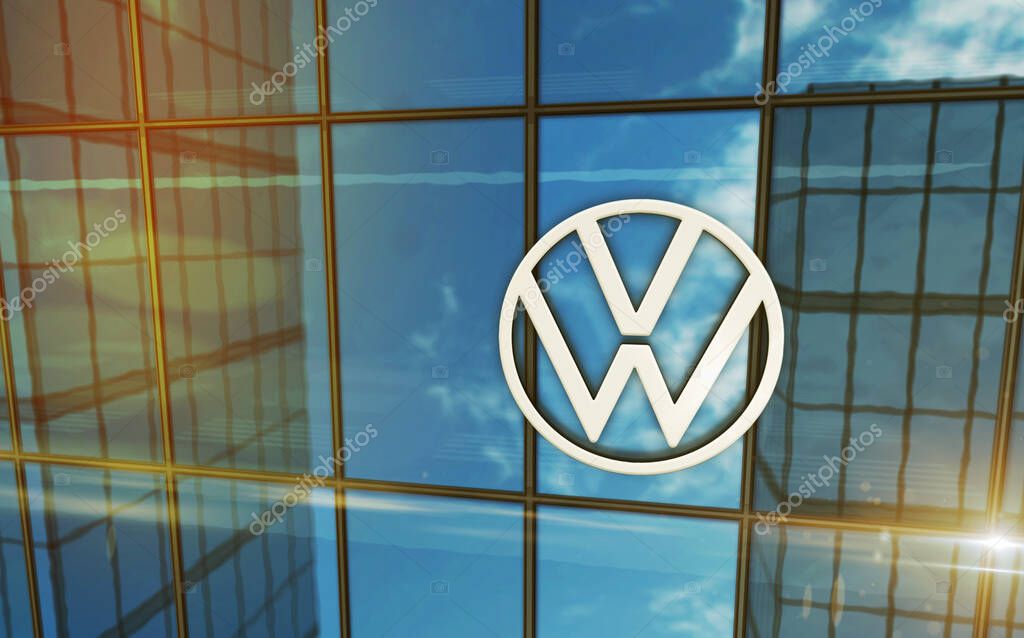 Wolfsburg, Germany, April 2, 2024: Volkswagen car producer headquarters glass building concept. Automobile manufacturer company symbol logo on front facade 3d illustration.