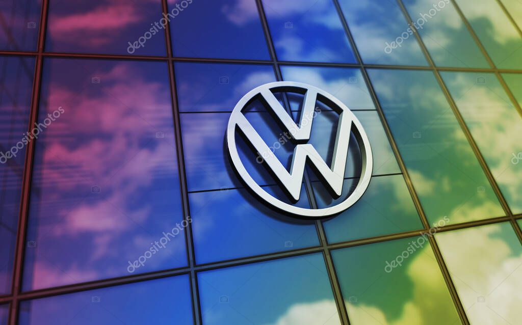 Wolfsburg, Germany, April 2, 2024: Volkswagen car producer headquarters glass building concept. Automobile manufacturer company symbol logo on front facade 3d illustration.