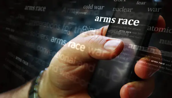 Závody Zbrojení Vojenské Výzbroje Jsou Rozporu Sociálními Médii Hledání Tabletu — Stock fotografie