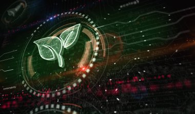 Çevre dostu karbon nötr teknoloji ile ekoloji yaprağı sembolü dijital konsept. Ağ, siber teknoloji ve bilgisayar arkaplanı soyut 3D resimleme.