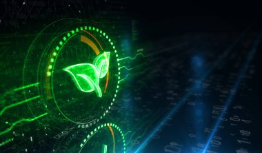 Çevre dostu karbon nötr teknoloji ile ekoloji yaprağı sembolü dijital konsept. Ağ, siber teknoloji ve bilgisayar arkaplanı soyut 3D resimleme.