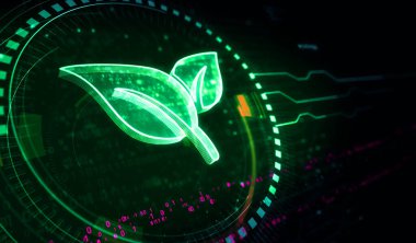 Çevre dostu karbon nötr teknoloji ile ekoloji yaprağı sembolü dijital konsept. Ağ, siber teknoloji ve bilgisayar arkaplanı soyut 3D resimleme.