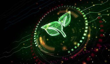 Çevre dostu karbon nötr teknoloji ile ekoloji yaprağı sembolü dijital konsept. Ağ, siber teknoloji ve bilgisayar arkaplanı soyut 3D resimleme.