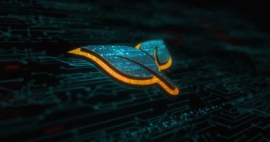 Çevre dostu karbon nötr teknoloji ve ekoloji yaprağı renkli sembol kavramı. Ağ, siber teknoloji ve bilgisayar arkaplanı soyut 3d canlandırması.