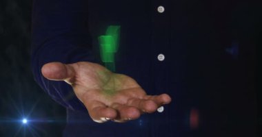 Çevre dostu karbon nötr teknoloji. İnsan elinin üzerinde ekoloji yaprağı 3D sembolü var. Siber teknoloji simgesi soyut kavram kusursuz ve döngüsel.