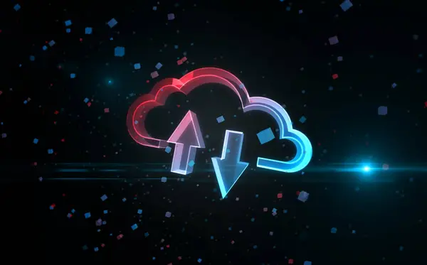 Cloud computing server mobile access storage symbol digital concept holographic glass. Cyber technology and computer background 3d object illustration.