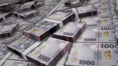 Kırgızistan parası Kırgızistan 'da bankaya para yatırıyor. KGS 1000 para yığını. İş, ekonomi, bankacılık ve finans kavramı. Kamera nakit paketleri üzerinde döngü olmayan 3D.