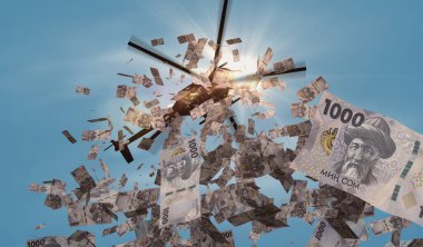 Kırgızistan 'dan helikopterin parasının düştüğü bildirildi. Kırgız KGS 1000 banknotları soyut 3d enflasyon, para basma, finans, ekonomi, kriz ve niceliksel kolaylık resimleme kavramı.