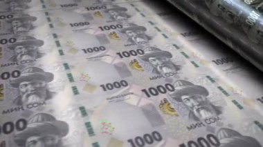 Kırgızistan parası Kırgızistan 'da para basma makinesi döngüsü var. Kağıt KGS 1000 banknot baskısı 3D döngü kusursuz. Soyut bankacılık, finans, ekonomi ve kriz kavramı.