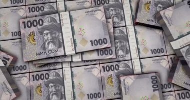 Kırgızistan parası Kırgız, 3D animasyon için para topluyor. KGS 1000 paket enflasyon, ekonomi, kriz, iş, bankacılık, borç ve finans kavramı.