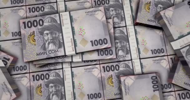 Kirgisistan Geld Kirgisen Soms Banknoten Animation Kgs 1000 Bündelt Konzept — Stockvideo