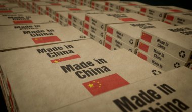 Çin yapımı kutu üretim hattı. PRC üretim ve teslimat. Ürün fabrikası, ithalat ve ihracat. Soyut konsept 3d illüstrasyon.