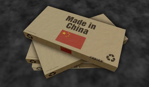 Made in China China box production line. PRC manufacturing and delivery. Product factory, import and export. Abstract concept 3d illustration.
