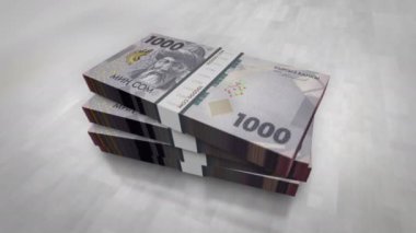 Kırgızistan parası Kırgız yığını. Ekonomi, bankacılık, iş, kriz, durgunluk, borç ve finans konularının kavramı. KGS 1000 banknot destesi 3D.