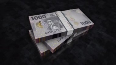 Kırgızistan parası Kırgız yığını. Ekonomi, bankacılık, iş, kriz, durgunluk, borç ve finans konularının kavramı. KGS 1000 banknot yığınları 3D animasyon.