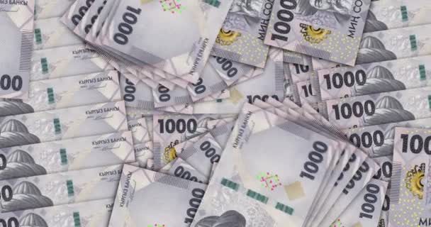 吉尔吉斯斯坦钱币在现金扇形花纹循环中融化 Kgs 1000张钞票 经济无缝循环设计背景的抽象概念 — 图库视频影像