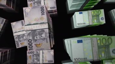 Euro ve Kırgızistan parası Kırgızistan 'da para alışverişi yapıyor. Kağıt banknotlar tomar tomar. Ticaret, ekonomi, rekabet, kriz, bankacılık ve finans kavramı. Döngüsüz 3D canlandırma notaları.