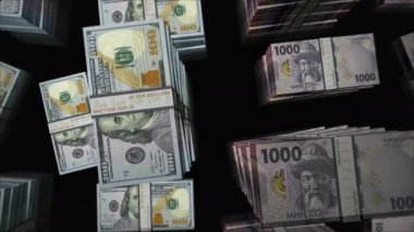Amerikan Doları ve Kırgızistan parası Kırgızistan 'da para alışverişi yapıyor. Kağıt banknotlar tomar tomar. Ticaret, ekonomi, rekabet, kriz, bankacılık ve finans kavramı. Döngüsüz 3D canlandırma notaları.