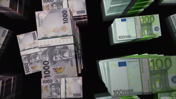ユーロとキルギスタンマネー キルギス 紙の紙幣のパックの束 金融の概念 ノート ループ可能なシームレスな3Dアニメーション — ストック動画