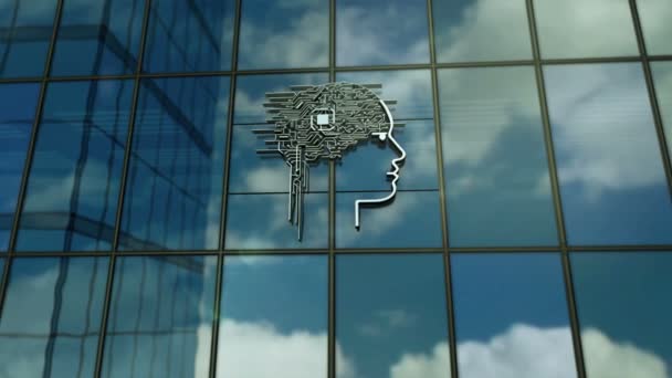 Koncepcja Budynku Szkła Sztucznej Inteligencji Symbol Głowy Fasadzie Przedniej — Wideo stockowe