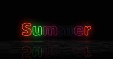 Yazın parlayan neon sembolü. Renkli ampuller. Tatil ve tatil konsepti 3 boyutlu animasyon.