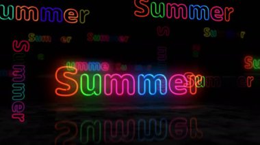 Yazın parlayan neon sembolü. Renkli ampuller. Tatil ve tatil konsepti 3 boyutlu animasyon.