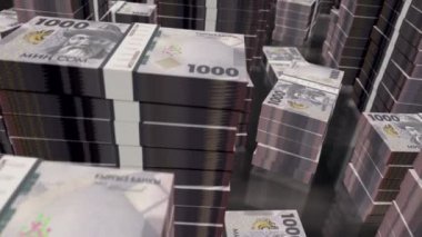 Kırgızistan 'dan gelen para Kırgızistan' dan gelen paralar. KGS üzerinde 3D uçuş. 1000 banknot, kuleler. Döngüsüz, soyut iş dünyası, ekonomi krizi ve finans kavramı.