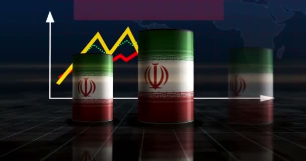 イランの石油事業と燃料抽出バレルの成長チャート 増加する統計図を持つイランのガソリン産業金属容器 — ストック動画
