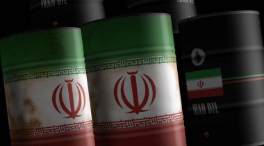 İran petrol ham petrol varilleri konsepti. İran petrol sanayi ve yakıt çıkarma sanayi konteynerleri 3 boyutlu illüstrasyon.