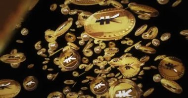 Yen Yuan kripto para birimi altın paraların arasında uçuyor. Dönen altın metal madeni paralar soyut kavram kalıplarını döndürür. Döngüsüz ve pürüzsüz 3d canlandırma.