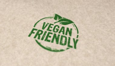 Birkaç farklı renkte vegan dostu pul simgeleri. Vejetaryen organik gıda konsepti 3 boyutlu resimleme.