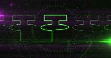 USDT sabit para kripto dijital dolar sembolü soyut dijital konsept. Siber teknoloji ve bilgisayar arkaplan çizgisi kusursuz ve döngülü animasyon.