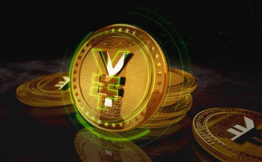 Yeşil ekran arka planında Yen Yuan kripto altın sikkesi. Soyut konsept 3d illüstrasyon.