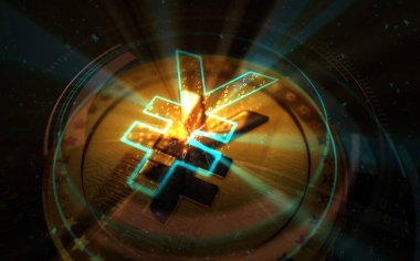 Yeşil ekran arka planında Yen Yuan kripto altın sikkesi. Soyut konsept 3d illüstrasyon.