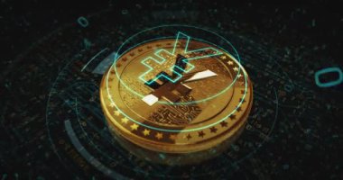 Yen Yuan 'ın kripto altın sikkesi dönüyor. Kamera 3 boyutlu metal parlaklıklar etrafında döner. Fintech, çevrimiçi ödeme ve dijital işlem soyut kavramı.