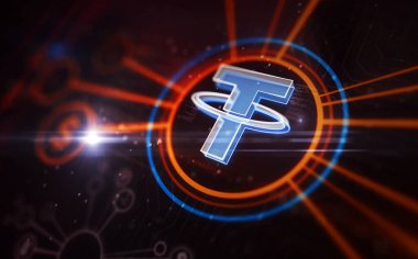 USDT sabit para kripto para dijital dolar sembolü dijital konsept. Ağ, siber teknoloji işareti ve bilgisayar arkaplan soyut 3d resimleme.