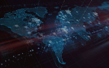 USDT sabit para kriptosu dijital dolar sembollerini dünya haritasına bağla. Teknoloji konsepti 3D illüstrasyon.
