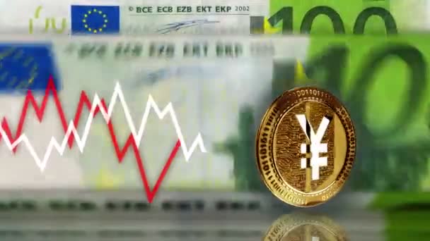 Yen Yuan Kryptowaluta Złota Moneta Ponad 100 Banknotów Euro Liczenie — Wideo stockowe