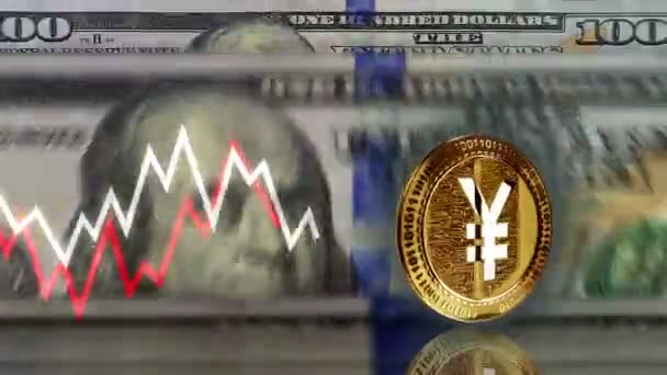 Yen Yuan Cryptocurrency Gyllene Mynt Över 100 Dollar Sedlar Usa — Stockvideo
