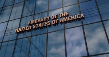 Amerika Birleşik Devletleri Büyükelçiliği cam bina konsepti. Ön cephede ABD diplomatik büro sembolü.