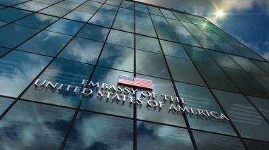Amerika Birleşik Devletleri büyükelçiliği cam kaplama hızlandırılmış döngü konsepti. 3D kusursuz döngü üzerine ABD diplomatik büro sembolü.