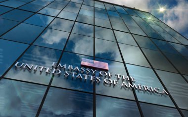 Amerika Birleşik Devletleri Büyükelçiliği cam bina konsepti. Ön cephede ABD diplomatik büro sembolü 3D illüstrasyon.