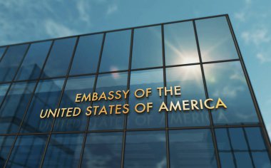 Amerika Birleşik Devletleri Büyükelçiliği cam bina konsepti. Ön cephede ABD diplomatik büro sembolü 3D illüstrasyon.