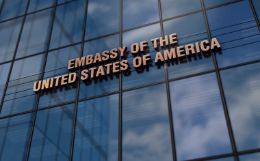 Amerika Birleşik Devletleri Büyükelçiliği cam bina konsepti. Ön cephede ABD diplomatik büro sembolü 3D illüstrasyon.