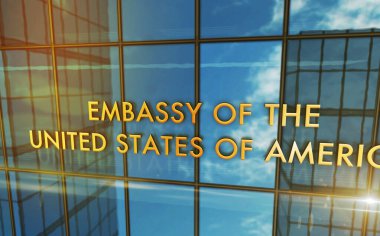 Amerika Birleşik Devletleri Büyükelçiliği cam bina konsepti. Ön cephede ABD diplomatik büro sembolü 3D illüstrasyon.