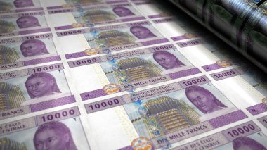 Orta Afrika CFA Frangı Kamerun Çad Kongo Gabon 3D resim paketi. 10000 XAF banknot destesi. Maliye, nakit, ekonomi krizi, işletme, durgunluk, banka ve borç kavramı.