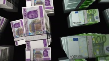 Avrupa ve Orta Afrika CFA para transferi Kamerun Çad Kongo Gabon para değişimi. Kağıt banknotlar tomar tomar. Ticaret, ekonomi, kriz, bankacılık ve finans kavramı. Döngüsüz 3D notalar.