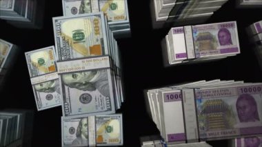 Amerikan Doları ve Orta Afrika CFA Para Takası Kamerun Çad Kongo Gabon para değişimi. Kağıt banknotlar tomar tomar. Ticaret, ekonomi, kriz ve finans kavramı. Döngüsüz 3D notalar.
