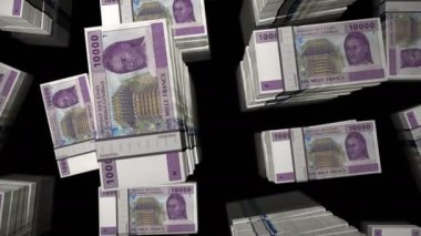 Orta Afrika CFA Frangı Kamerun Çad Kongo Gabon para döngüsü. 3D uçuş 10000 XAF banknotları kuleleri istifliyor. Döngüsüz iş ve ekonomi krizi kavramı.